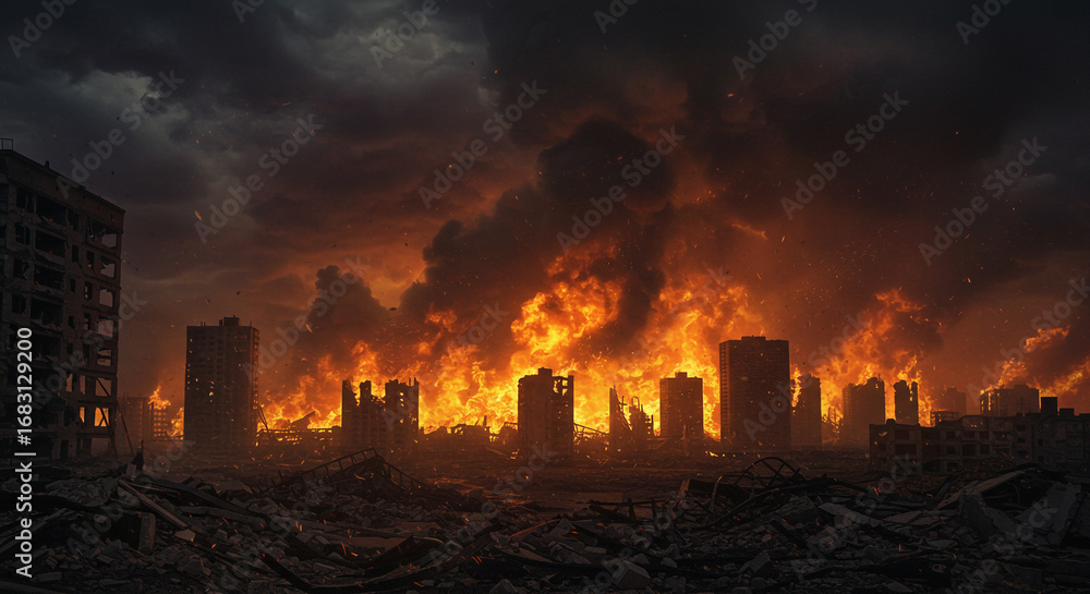 Devastation and fire engulf city skyline, symbolizing destruction and ...