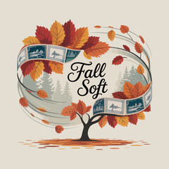 Whimsical illustration of a stylized tree with autumn leaves and a swirling ribbon featuring the words fall soft evoking a gentle and cozy seasonal feeling