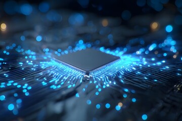 Wall Mural - 3D render of blue glowing data flowing around a chip in the center on a dark background with a bokeh effect, close-up.
