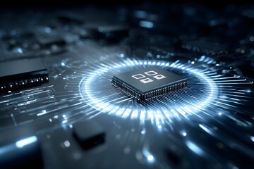 Wall Mural - 3D render of blue glowing data flowing around a chip in the center on a dark background with a bokeh effect, close-up.