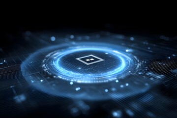 Wall Mural - 3D render of blue glowing data flowing around a chip in the center on a dark background with a bokeh effect, close-up.