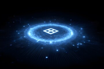 Wall Mural - 3D render of blue glowing data flowing around a chip in the center on a dark background with a bokeh effect, close-up.