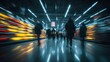 © horizon - Long exposure, motion-blurred photo shows shoppers in a futuristic supermarket aisle with glowing digital price tags, creating vibrant light streaks.