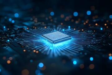 Wall Mural - 3D render of a computer chip with a glowing blue light on a dark background, surrounded by digital connections and data points, 