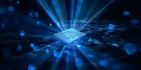 Wall Mural - 3D render of a computer chip with a glowing blue light on a dark background, surrounded by digital connections and data points, 