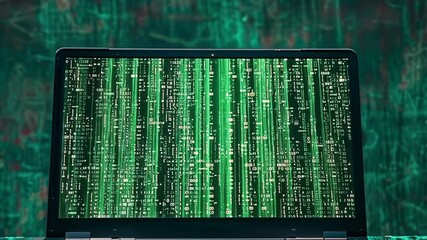 Selective focus. Green matrix code running on laptop computer screen