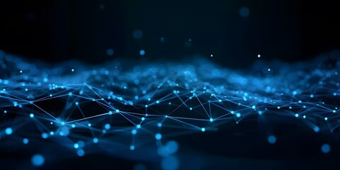 Abstract digital background with blue glowing connections and dots forming an array of interconnected network on a black backdrop, a technology concept 