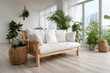 © AIrism Stock - Bright Living Room with Wooden Couch and Lush Green Plants