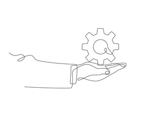 Continuous line drawing of businessman hand holding gear, symbol of business management and strategy.
