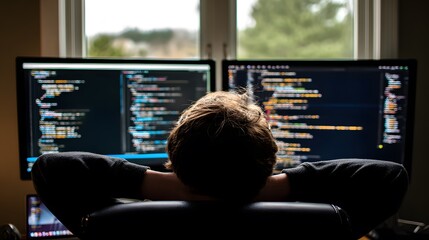 A focused developer at a minimalist workstation with soft window light and a neutral background.