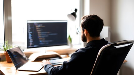 A focused developer at a minimalist workstation with soft window light and a neutral background.