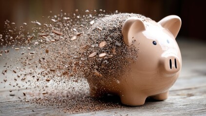 A light beige piggy bank on a rustic wooden surface,  exploding with brown fragments, depicting financial loss and dissipation.