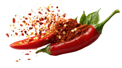 Explosive Flavor: A dynamic visual of a vibrant red chili pepper, sliced and exploding with crushed flakes, leaves, showcasing the intensity of its essence