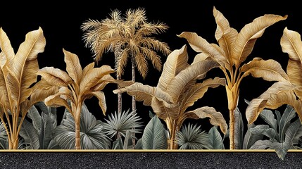 Tropical exotic pattern with golden and green banana leaves and palm trees, set on a dark night background with vintage hand-drawn textures.