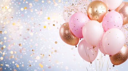Wall Mural - Elegant bouquet of pink and gold balloons with confetti for a cheerful celebration.