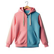 © Viyaki - A vibrant, two-toned zip-up hoodie hangs on a wooden hanger, displaying a striking blend of light pink and sky-blue panels.