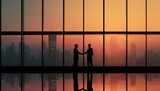 Business handshake at sunset viewed through a high-rise window