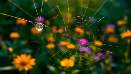 Dewdrop on glistening spiderweb captures vibrant flowers in magical morning light