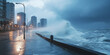 © plysuikvv - Severe storm unleashes powerful waves along coastal promenade Generative AI