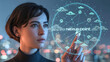 © Soyaeb - Visionary businesswoman interacting with a futuristic holographic interface, managing a global cloud computing network over a cityscape