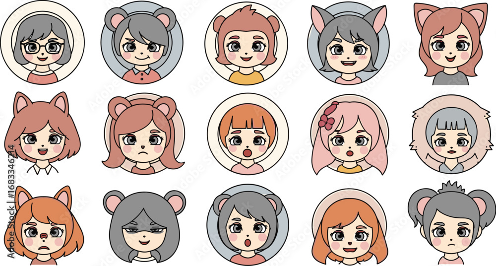 Cartoon avatar collection of various girls with animal ears and various ...