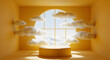 © Ribas - Dreamy yellow room with clouds floating through window and round podium for product display