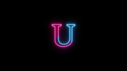 Neon Capital Letter U Alphabet Animation. Animation of a glowing neon capital letter U in purple and blue colors on a black background.