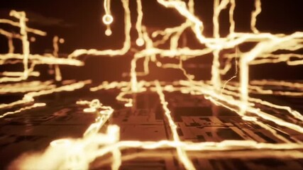 Dynamic glowing network connections pulsing with energy on a circuit board background video clip