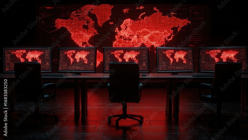 Futuristic command center with red world map displays Stock Photo ...