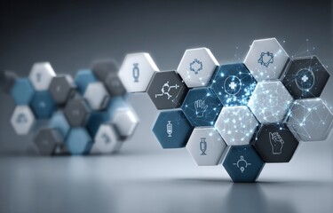 Wall Mural - A blue and white hexagon with a hand on it is surrounded by other hexagons. Star concept.