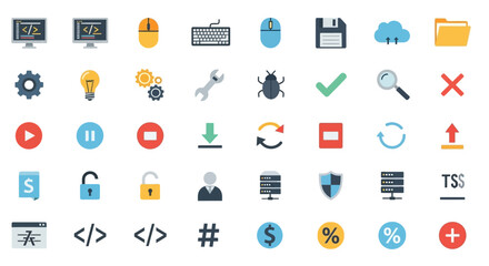 Colorful flat design icon set for technology, software, web development, and user interface.