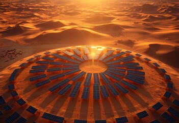 A circular solar panel array in a desert landscape, illuminated by the sun.