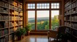 © YOUR. MANIK - Cozy library room with stained glass window overlooking a verdant landscape at golden hour