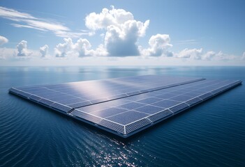 A large, rectangular array of solar panels floats on the ocean surface under a bright, cloudy sky.