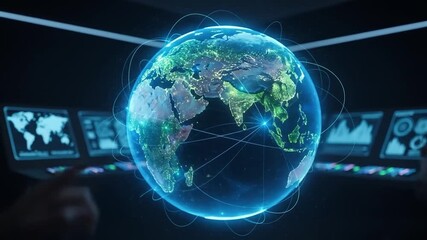 Holographic Earth globe with glowing network connections displayed in a futuristic control room with multiple data screens and a human hand interacting with a touch interface.