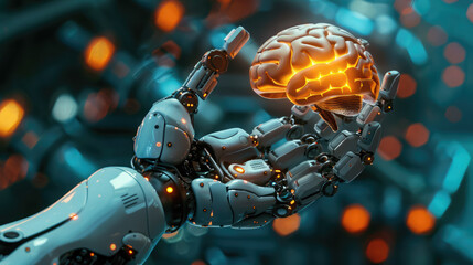 robot hand holding flying brain, artificial intelligence, thinking, consciousness, cyborg, android, future, science, scientific background, nervous system organ, anatomy