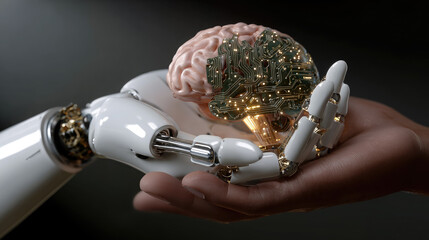 robot hand and human hand holding flying brain, artificial intelligence, thinking, consciousness, cyborg, android, future, science, scientific background, nervous system organ, anatomy
