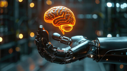 robot hand holding flying brain, artificial intelligence, thinking, consciousness, cyborg, android, future, science, scientific background, nervous system organ, anatomy