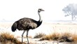 © Batrek - A detailed illustration of an ostrich-like bird in a serene, sunlit, arid landscape.