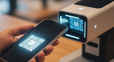 A realistic close-up scene of a hand making a digital payment using a smartphone. The phone screen displays a glowing QR code being scanned at a modern wireless payment terminal. 