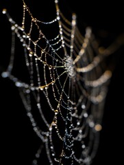 extreme macro photograph of a delicate spiders web with fine water droplets on black background