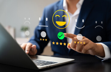 Canvas Print - Experience excellent customer service, User give five star rating on online application, Positive feedback, Happy, Smiley face icon. Customer Reviews in Digital Survey, Satisfaction.
