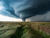 a powerful tornado descends from dark storm clouds touching down in a field of tall grass showcasing nature s raw and destructive force
