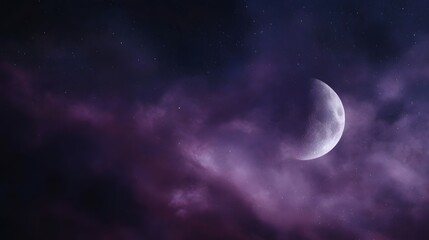Wall Mural - a bright crescent moon shines in a serene purple night sky surrounded by shimmering stars and soft e