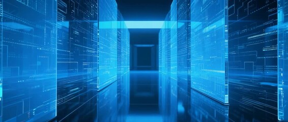 An abstract digital blue background with a futuristic network of binary code patterns, symbolizing the flow of virtual information and data