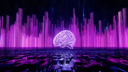 Artificial intelligence holographic data visualization with glowing brain networks and neon structures, high-resolution futuristic digital design