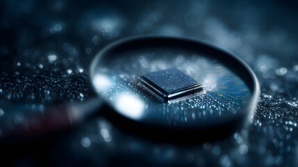 Wall Mural - a magnifying glass reveals the intricate details of a microchip on a circuit board symbolizing techn