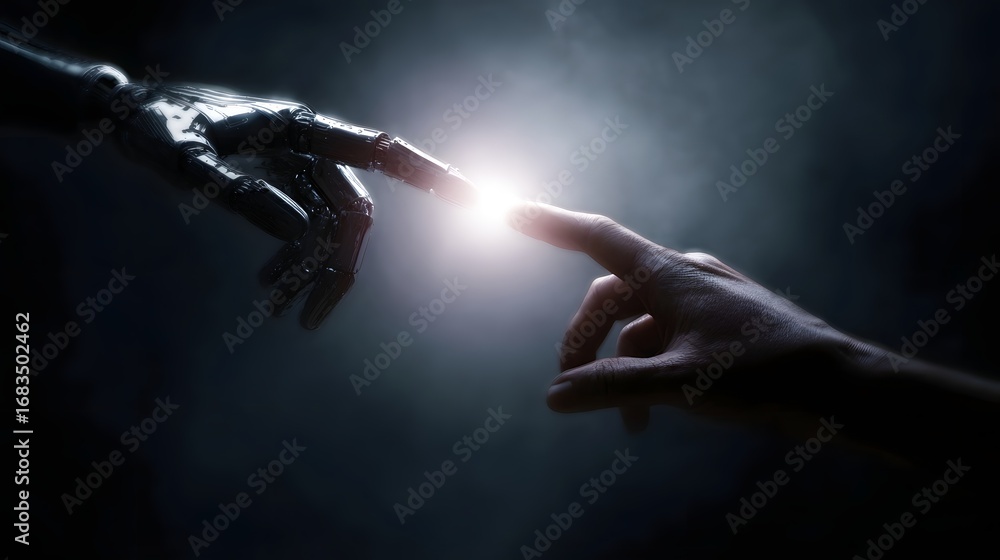 Robotic and human hands almost touching symbolizing future technology ...