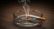 © sri - A close-up shot reveals a lit cigarette in a glass ashtray on a wooden surface, smoke curling upwards with ashes falling