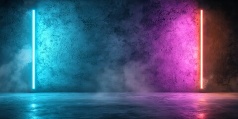 Wall Mural - dimly lit room with neon lights illuminating the space. the walls are painted in a striking blue and